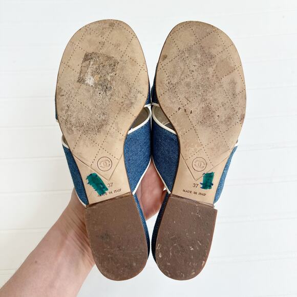 Chanel Blue Denim Camellia Flower Slip On Sandals Womens 37 - Picture 7 of 8